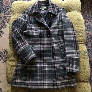 American Rag Long Pea Coat Wool Blend Pink Gray Plaid Size Juniors Medium